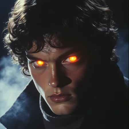 ArsMovieStill, 80s Fantasy Movie Still, The image is a close-up portrait of a young man's face. He has dark hair and is wearing a black jacket. His eyes are glowing orange and his expression is intense and dramatic. The background is dark and there is a hint of smoke or fog surrounding the man. The overall mood of the image is intense with a sense of danger and suspense., solo, glowing, black hair, lips, looking at viewer, orange eyes, glowing eyes, portrait, male focus, 1boy