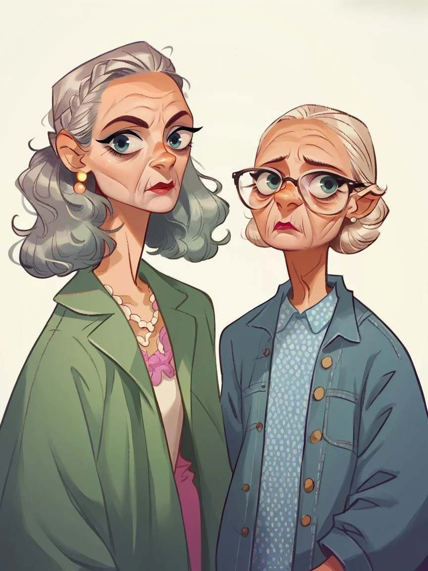 score_9, score_8_up, score_7_up, score_6_up, score_5_up, <lora:kangyannanXLP:1> kangyannan, white background, 2girls, old,