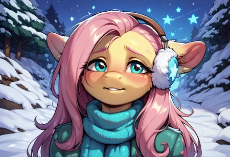 score_9, score_8_up, score_7_up, score_6_up, semi-realistic artwork, detailed background, high quality, vibrant colors, best quality rendering, intricate details, high resolution, sharp focus, best render quality, (background-winter forest, snow, night, stars, glowing stars), close up view, focus on face,
1girl, solo, Fluttershy (anthro pony), 18 yo, long hair, narrow shoulders, skinny, shiny skin, small perky breasts,
wearing a winter coat, scarf, mittens, fluffy winter earmuffs,
dynamic pose, shivering, 
shy, blush, blushing, embarrassed, looking back at viewer, hot breath,