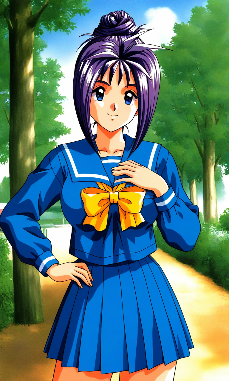 general,highres, ultra-detailed,very aesthetic,best quality ,best hands, BREAK <lora:Katagiri_Ayako_Tokimeki_Memorial_IS:1>
Katagiri_Ayako(Tokimeki_Memorial), 1girl, solo, blue eyes, purple hair, single hair bun, short hair, bangs, large breasts,
school uniform, blue serafuku, blue skirt, Yellow bow, hand on own chest, sailor collar, blue sailor collar, 
hands on own hip,
smile, long sleeves, pleated skirt, outdoor, tree, sky,