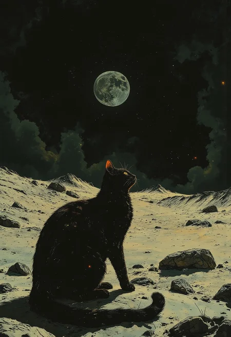 a kitty sitting on the surface of the moon. Looking up at a small earth in the distance.