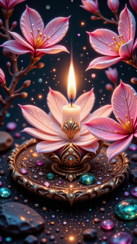 reij-ccnt, accent details, sparkle, A mesmerizing macro photograph centered on a small candleâs flame, surrounded by cherry blossoms and delicate gemstones. The blossoms, dusted with dew, appear almost translucent as the warm candlelight filters through their petals, highlighting each tiny droplet. The gemstones glisten in the foreground, catching the light in shades of emerald and sapphire. The contrast of soft florals, glowing gems, and flickering candlelight creates a scene of serenity and refined beauty, reminiscent of a luxurious garden at dusk. <lora:accent4FLUX:0.75>, Jedjv1 <lora:JedJourney:0.75>, <lora:FluxDFaeTasticDetails:0.5>, pinketherealmj <lora:PinkieEtherealMJFLUX-v2.0:0.6>