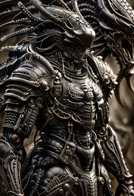 stunning, magnificent, HD, photorealistic, samurai, dramatic lighting, solo, standing alone in a desert, intricate details, intricate armor, intense gaze, mythical, legendary, powerful, ((dark, evening)), cinematic, close-up, art by hr giger,
armor, science fiction, no humans,
vintage painting,painting,realism,Americana art,artistic style
