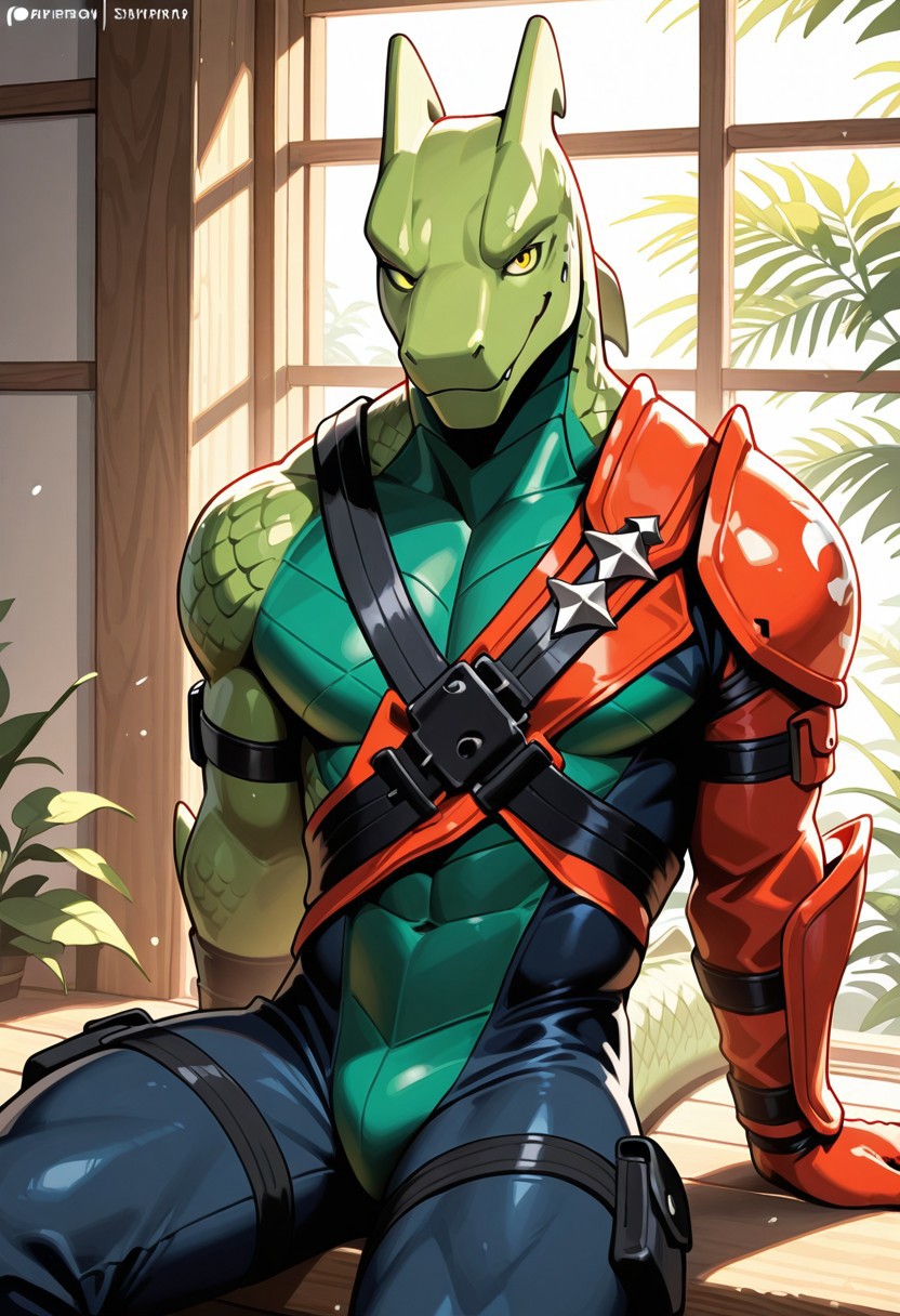 best quality, newest, absurdres, highres, 1boy,solo,Anthro,lizard,hybrid,green body,ninja outfit,yellow eyes,scalie,sitting