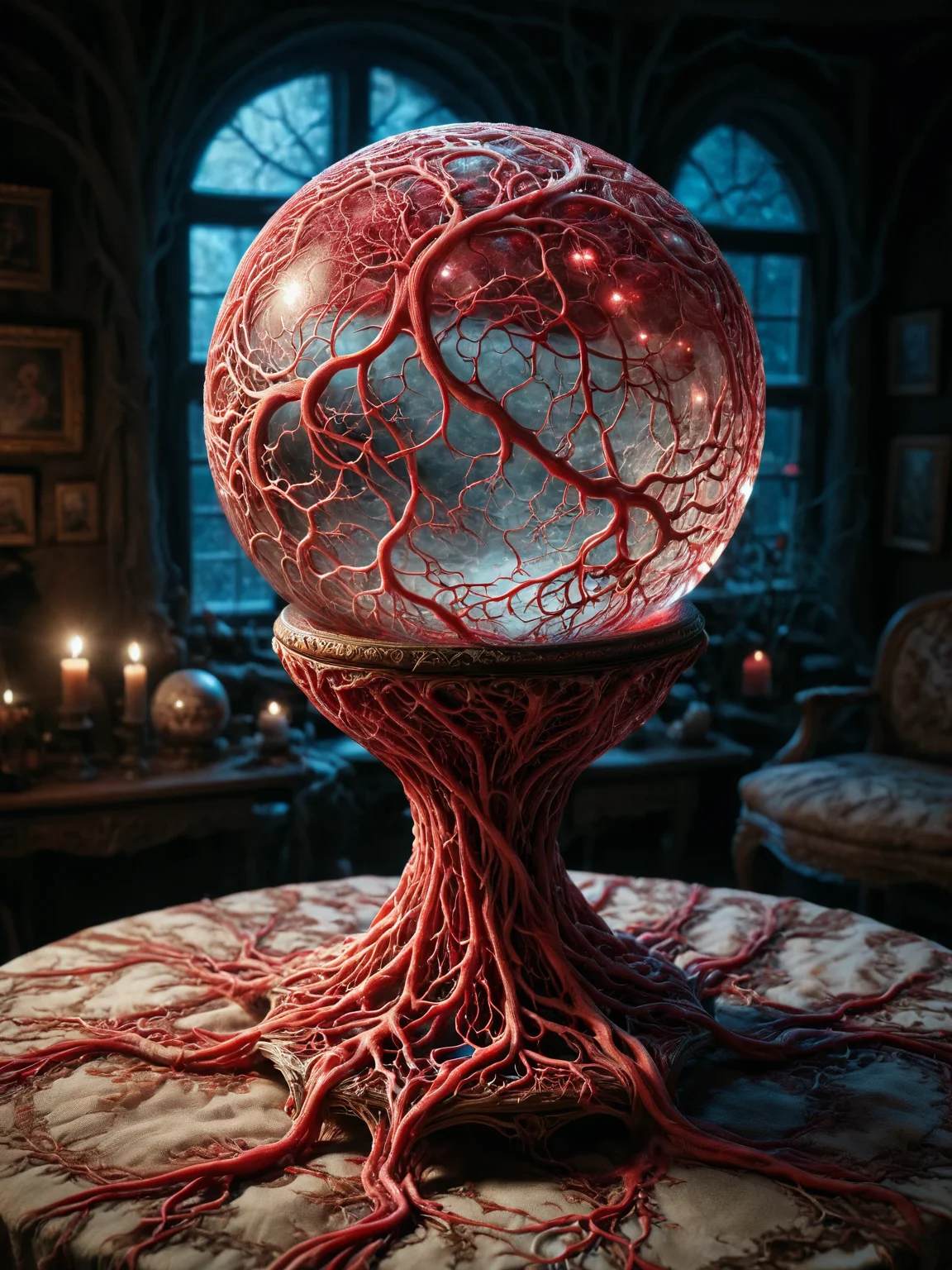 A crystal ball, its once clear depths clouded with swirling networks of crimson ais-vesselz, reflecting a distorted image of the world. covered with ais-vesselz, on a witches table in a dimly lit room <lora:Vessels_Style_SDXL:1>