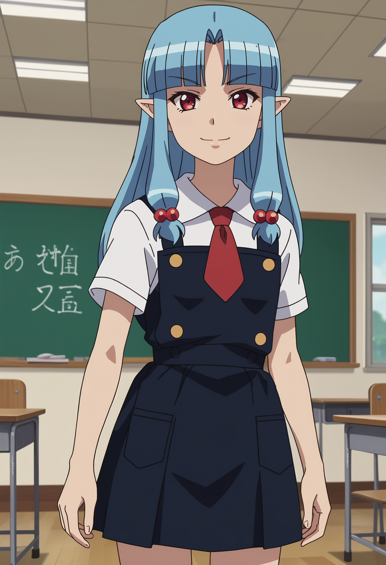 score_7_up, anime screencap,
<lora:Tsugumomo_KirihaXL:0.9>,
1girl, solo, closed mouth, smile,
long hair, blue hair, red eyes, parted bangs, blunt bangs, pointy ears, hair beads,
KirihaSchool, pinafore dress, black dress, white shirt, short sleeves, red necktie,
standing, looking at viewer, (cowboy shot:1.2), thigh gap,
blurry background, indoors, classroom