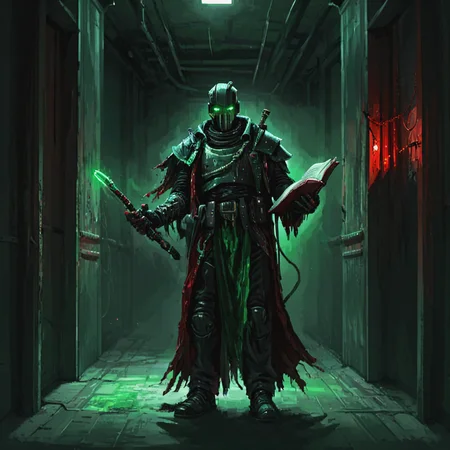 a nqstrman man in a costume holding a book and a sword, grim darkness, gritty, dark corridor, metal walls, steel beams, pipe, wires, science fiction, red and green glow, apxlz