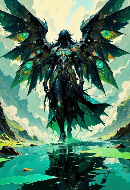 (in Otomo Katsuhiro style:1.2), masterpiece, high-quality, A winged lych in flowing robes that ripple like flames, her wings made of transparent obsidian fragments reflecting rainbow-hued light, She walks across a body of liquid emerald, each step creating ripples that form fleeting visions of unknown worlds, The space around her is misty and timeless, glass wings, liquid reality, transient worlds, Stylized anime-fantasy with luminous reflections and soft ethereal effects, (elaborate fine details:1.1), (hyperdetailed:1.1), (intricate details:1.0), (Refined details:1.1), (best quality:1.1), (high resolution:1.2), <lora:FLUX\Anime v1.3:0.6> <lora:FLUX\VividlyReal:0.6> <lora:FLUX\FLUX-daubrez-DB4RZ:0.4>