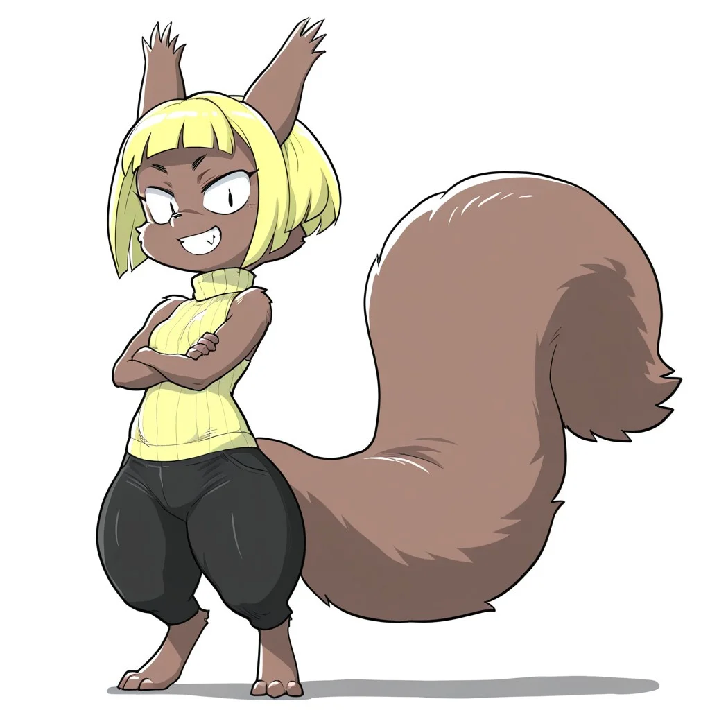 Cookie(FFC), by daigaijin, Solo, 1girl, anthro, female furry, squirrel, rodent, brown fur, blonde hair, short hair, long tail, fluffy tail, black eyes, shortstack, small breasts, digigrade feet, full body, standing, black pants, yellow sleeveless turtleneck, arms crossed, looking at viewer, happy, grin, white background,