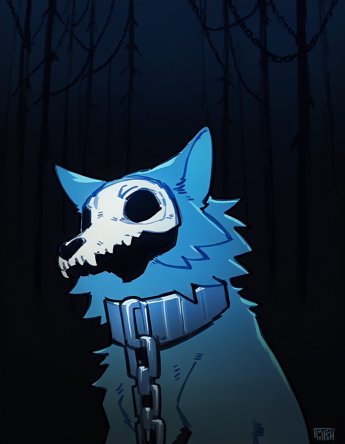 score_9, score_8_up, score_7_up, score_6_up, score_5_up, score_4_up, creature, solo, feral fox
Friedrich, blue fur, chain collar, skull, no eyes, <lora:dark_v1.9-pony:1> black theme, dark theme, dark background,forest, night,
 <lora:Friedrich_XL:1>