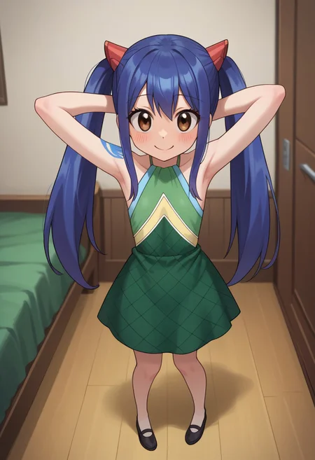 score_9, score_8_up, score_7_up, source_anime, 1 girl, solo,
<lora:guided-breast-grab-ponyxl-lora-nochekaiser:1>, Wendy_Marvell, brown_eyes, blue_hair, twintails, long_hair, small breast, tattoo, full body, green_dress, sleeveless_dress, bare_shoulders,
(slender, slim), fair skin, cute, young, perfect body, thin waist, waistline, navel,
indoors, bedroom,
sexy pose, alternate angle, hands behind head, blush, view from above, happy, smile,