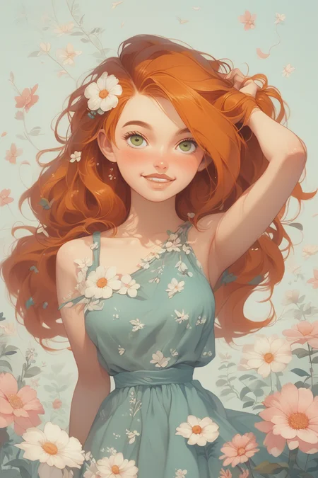 score_9, score_8, score_7 up, 1girl, kim possible, beautiful eyes, soft smile, blush, fl0rald0lls, hand in hair, summer dress, pastel background, flowers, leaf, pink flower, white flower <lora:Floral Dolls Pony Style:0.8><lora:EnvyPonyPrettyEyes01:0.7> <lora:Kim_Possible:0.8>