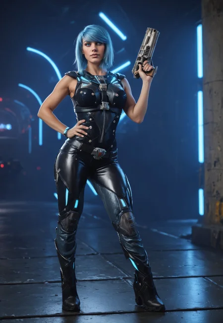 safe_pos, core_9, score_8_up, score_8, semi realistic, ultra detailed, 8k, high quality, hi res, high quality, detailed eyes, perfecteyes, detailed face, 1girl, sharp focus, cowboy-shot, focus on hip, (1girl:1.2), Nyx from Quake Champions, futuristic assassin outfit, (((pistol in hand:1.85))), pale skin, (glowing bobcut blue hair, side bangs), realistic, cinematic angle, cinematic lighting, athletic body, intense face, glowing blue eyes, stealthy pose
BREAK
infiltrating a high-tech corporate facility at night
BREAK
source_sci_fi_art, rating_explicit, expressive, full body, dynamic pose
BREAK
detailed beautiful background, futuristic architecture, neon lights, advanced security systems, holographic displays, dark shadows, tense atmosphere
(((full clothed)))
<lora:add-detail-xl:1>
<lora:Dynamic Poses:1>
<lora:DandonFuga_Style_v.2_-_Pony:0.8>