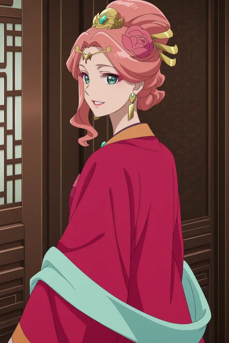 anime screencap, anime coloring, perfect face, detailed face,
 <lora:Gyokuyou_and_Lihua_The_Apothecary_Diaries:.9>1girl, solo, Gyokuyou, Gyokuyou's outfit, pink hair, long hair, single hair bun, green eyes, hair ornament, earrings, jewelry, necklace, dress, hanfu, makeup,
cowboy shot, looking back at the viewer, smile, mouth open, happy girl, teeth, (view from behind girl)