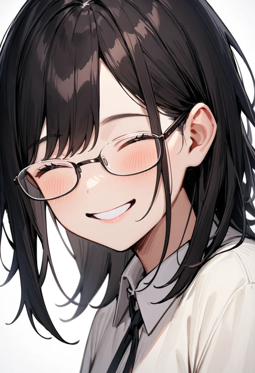 masterpiece, best quality, very aesthetic, absurdres,
1girl, solo, underrim_metal, glasses, black hair, medium hair, looking at another, upper body, white collared shirt, happy, smile, closed eyes,
white background, simple background,
<lora:under_rim_glasses_metal-frame_SDXL_V1:0.6>
