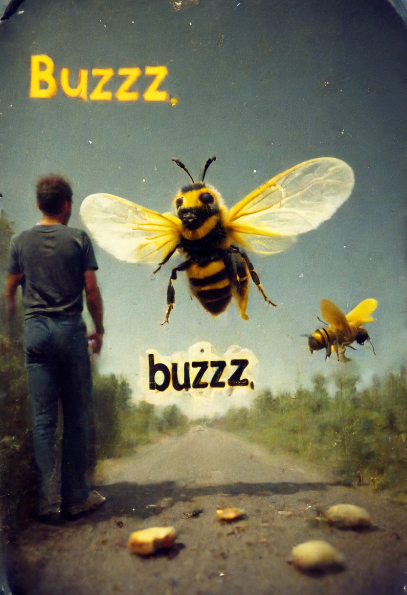 Pinhole image of a creature with the a wasp with outspread wings, and the body of a man wearing a t-shirt with the word “Buzzz” printed on it in colorful letters.
buzz