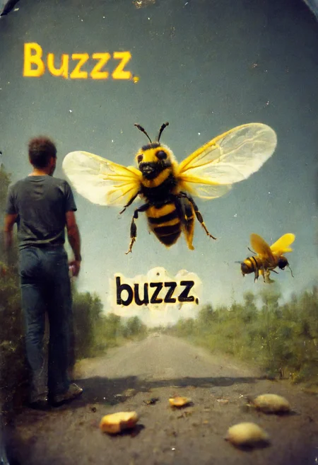 Pinhole image of a creature with the a wasp with outspread wings, and the body of a man wearing a t-shirt with the word “Buzzz” printed on it in colorful letters.
buzz