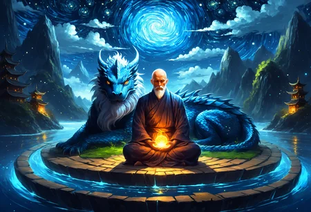 An ancient old man with long flowing beard and bald head, meditates on a floating island, a great dragon sits behind him, starry night, fantasy , epic, glow, 8k, Impressionism painting art style, loose brushwork, captures the fleeting effects of light and atmosphere