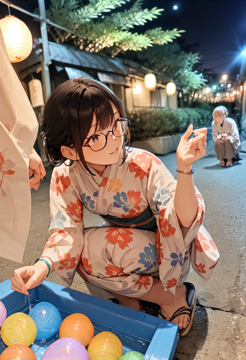 masterpiece, best quality, very aesthetic, absurdres,
mizufusen, 1girl, glasses, yukata, 1boy, night, squatting, outdoors, black hair, bracelet, long sleeves, floral print, water balloon fishing, night, summer, paper lantern, blurry background, 
 <lora:mizufusen_SDXL_V1:0.8>