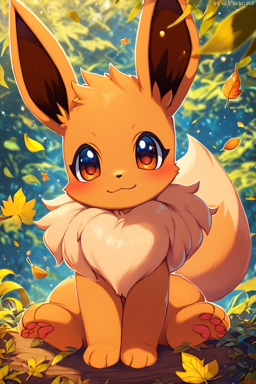 score_9, score_8_up, score_8,  ,,, , ,,, zzEV, looking at viewer, blush, brown eyes, sitting, closed mouth, outdoors, day, blurry, blurry background, leaf, watermark, nature, falling leaves, <lora:EeveePokedexPDXL:1.0>,  ,,,, BREAK, smile, looking at viewer, cowboy shot, ,,, embedding:zPDXL, Expressiveh, ,,, <lora:Zankuro_Style_PDXL:0.8> <lora:SDXLFaeTastic2400:0.5>, <lora:Expressive_H-000001:0.4>,