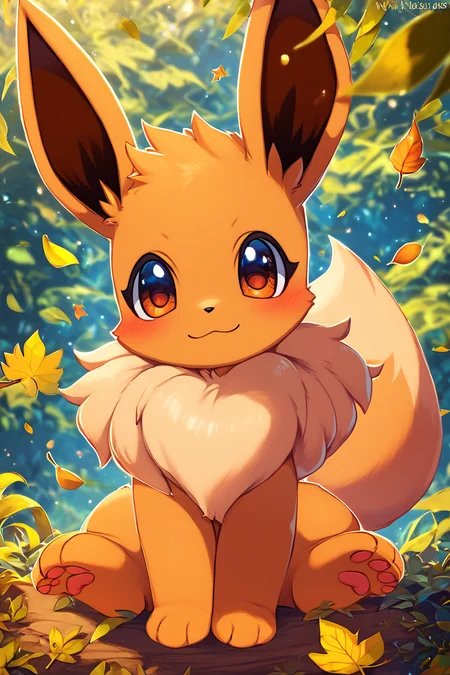 score_9, score_8_up, score_8, ,,, , ,,, zzEV, looking at viewer, blush, brown eyes, sitting, closed mouth, outdoors, day, blurry, blurry background, leaf, watermark, nature, falling leaves, <lora:EeveePokedexPDXL:1.0>, ,,,, BREAK, smile, looking at viewer, cowboy shot, ,,, embedding:zPDXL, Expressiveh, ,,, <lora:Zankuro_Style_PDXL:0.8> <lora:SDXLFaeTastic2400:0.5>, <lora:Expressive_H-000001:0.4>,
