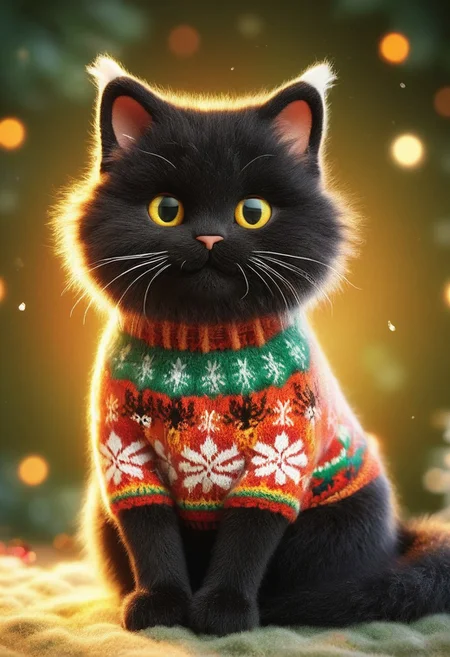Close-up of a thick black fluffy cat, wearing a vibrant red knitted Christmas sweater with a mouse icon and snowflake patterns, golden-green eyes glimmering with joy, proud smile on its face, soft and warm lighting highlighting the fluffy fur and sweater texture, vibrant orange background enhancing the cozy holiday atmosphere, whiskers gleaming subtly, ears slightly tilted, confident and playful pose, golden glow creating a festive and inviting mood.