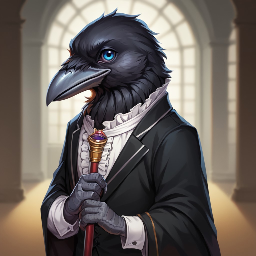 (((detailed, beautiful, high quality))), score_9, score_8_up, score_7_up, ((solo)), 
kenku, anthro bird, anthro crow, plumage,
1 boy, male focus, blue eyes, black tuxedo, white frill, holding a cane,
looking at viewer, looking to the right, posing,
fantasy background, blurred background,