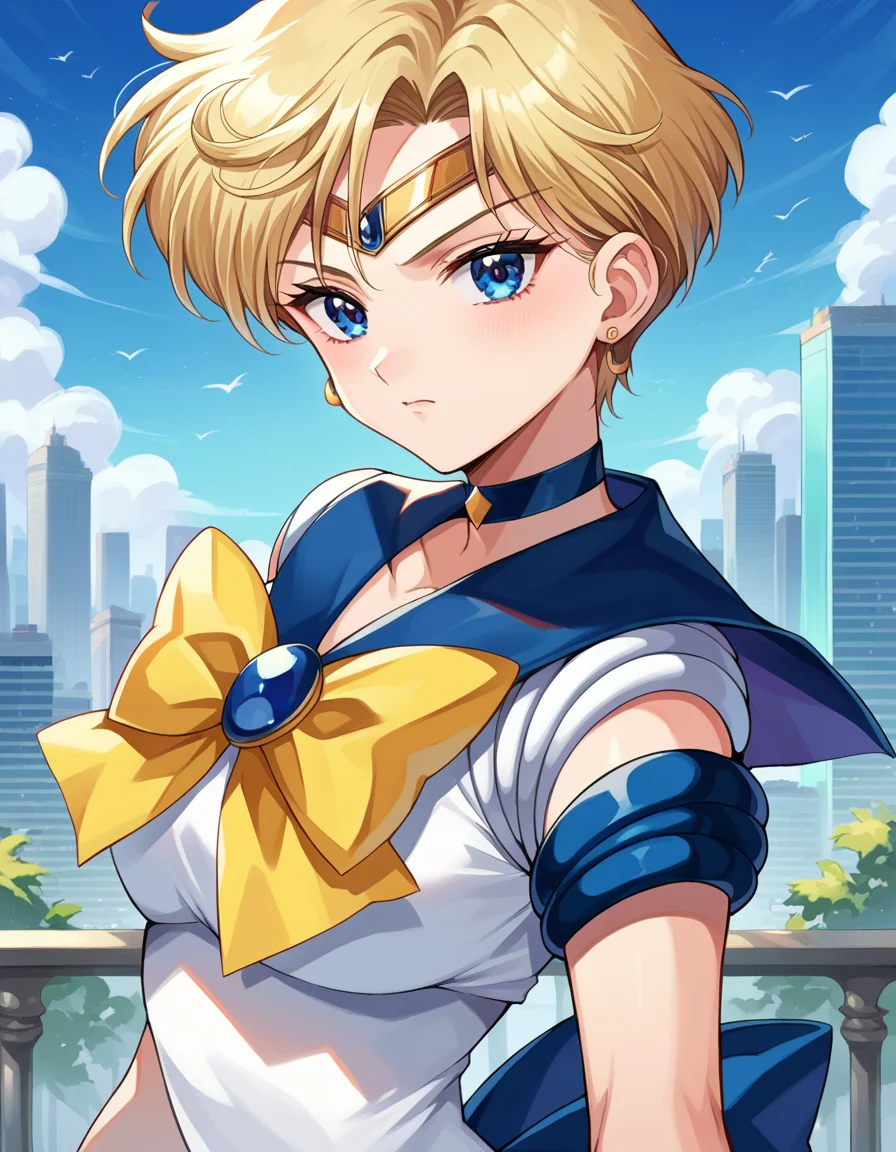score_9, score_8_up, score_7_up, source_anime,
sailoruranus, <lora:sailor-uranus-ponyxl-lora-nochekaiser:1>
sailor uranus, blonde hair, blue eyes, parted bangs, short hair, very short hair,
back bow, blue bow, blue choker, blue gemstone, blue sailor collar, blue skirt, bow, bowtie, choker, circlet, earrings, elbow gloves, gem, gloves, jewelry, miniskirt, pleated skirt, sailor collar, shirt, short sleeves, skirt, white gloves, white shirt, yellow bow, yellow bowtie,
outdoors, cityscape,
looking at viewer, cowboy shot, dutch angle,