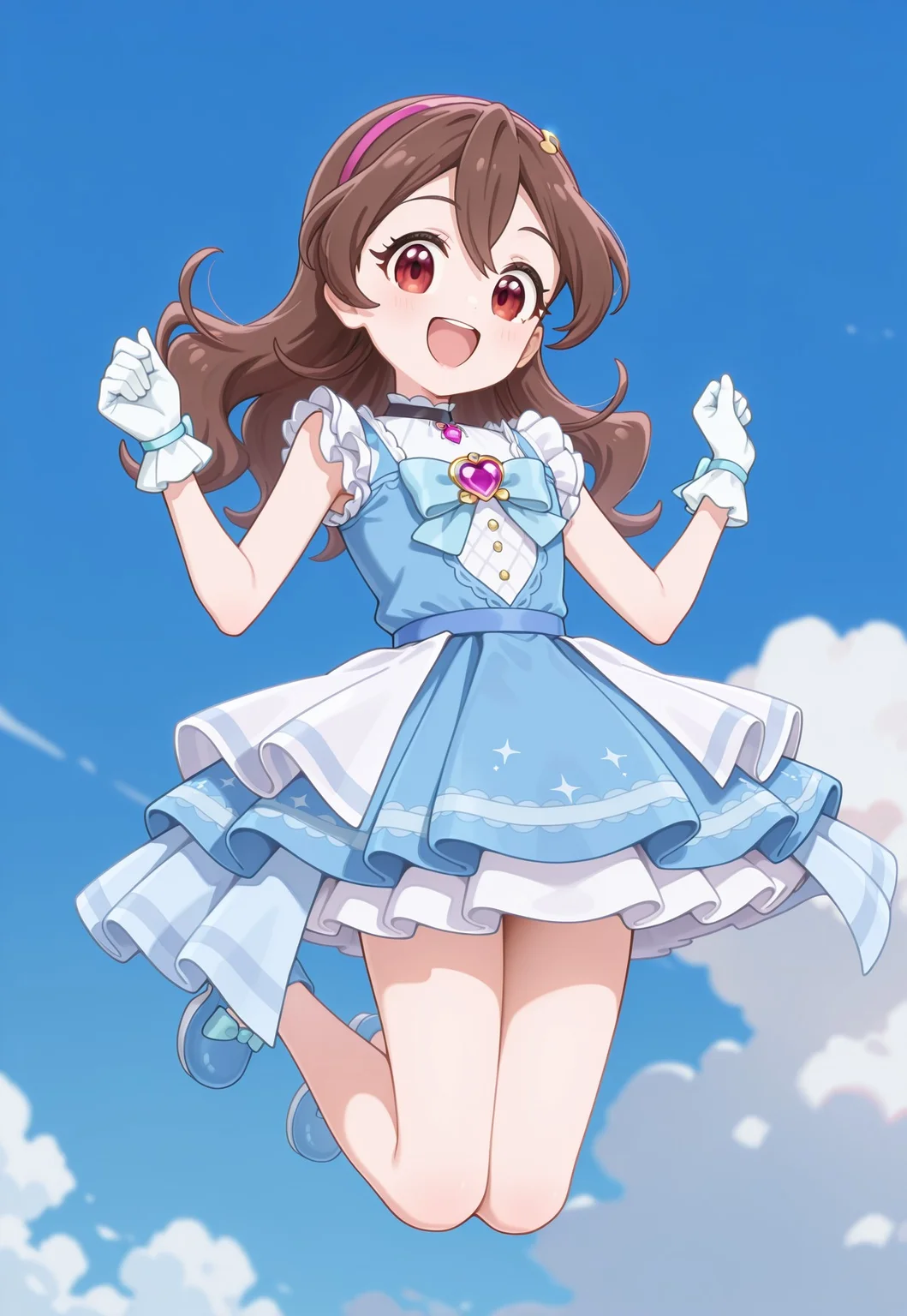 masterpiece,extremely detailed,best quality,amazing quality,newest,absurdres,highres, littlemycinderella, 1girl, adult, solo, sakurauta, pink hairband, gloves,  white gloves, blue dress, bow, blue bow, bangs,  sleeveless, sleeveless dress, frills, light brown hair, heartbrooch, :d, Jumping, energetic, youthfull, dynamic,  hands up,  (w_arms:1.1), knees bend,BREAK in the sky, very close to viewer, dynamic_angle