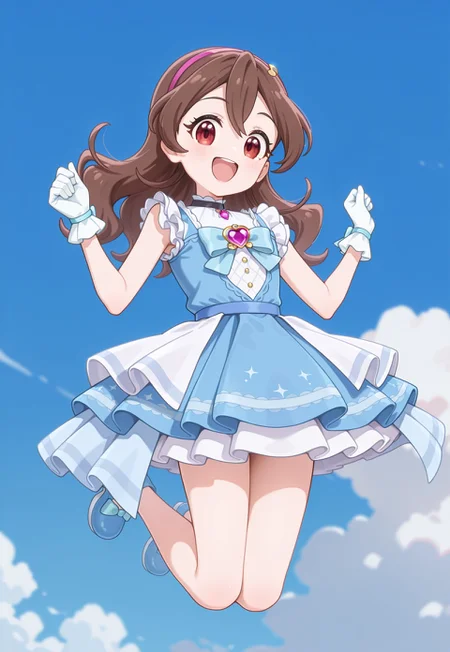 masterpiece,extremely detailed,best quality,amazing quality,newest,absurdres,highres, littlemycinderella, 1girl, adult, solo, sakurauta, pink hairband, gloves,  white gloves, blue dress, bow, blue bow, bangs,  sleeveless, sleeveless dress, frills, light brown hair, heartbrooch, :d, Jumping, energetic, youthfull, dynamic,  hands up,  (w_arms:1.1), knees bend,BREAK in the sky, very close to viewer, dynamic_angle