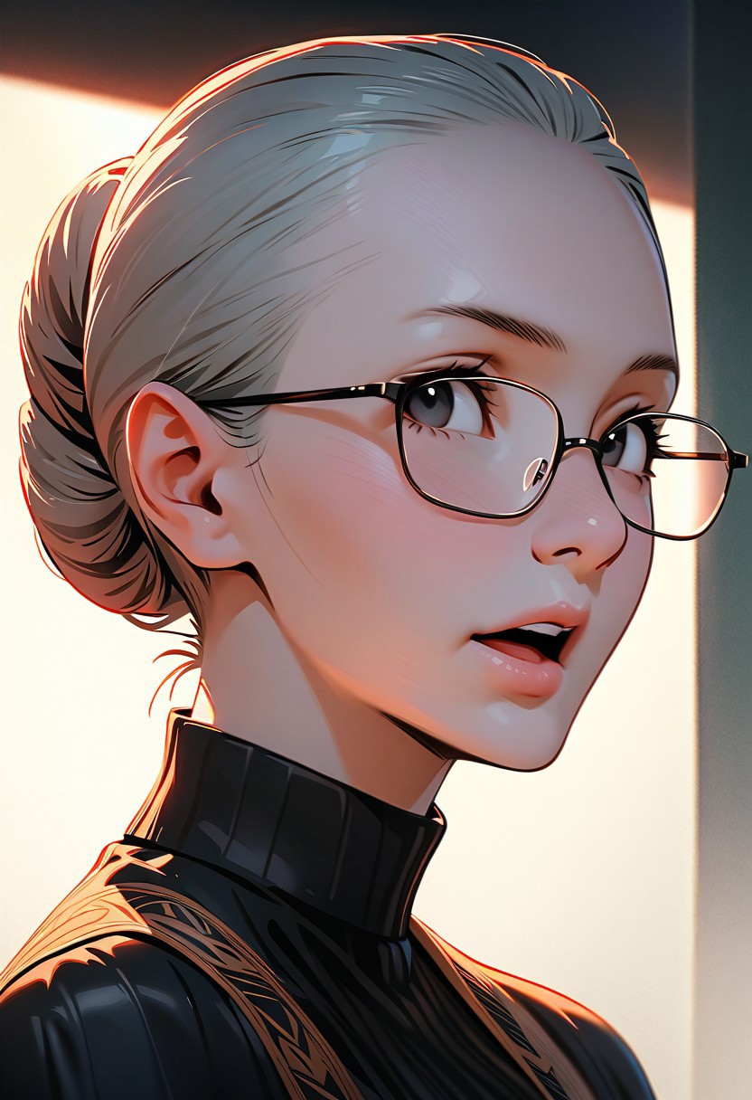 (graphic novel style, dark novel style:1.5),(anime), (masterpiece:1.4), (soft cinematic light:1.1), incredibly lifelike, Extremely high-resolution details, 8k, best quality,extremely detailed, contrast,
high tech design,
 gallery of contemporary art, inside, portrait old woman against the backdrop of a giant floor-to-ceiling window, through which one can see a city landscape with skyscrapers and a sunset , open mouth, one portrait ((elderly)) woman in a ((black long dress)) and black high-heeled shoes, elderly, old woman, [Nordic], Hourglass elongated body, Oval Face, Long neck, Rounded shoulders, long slim thin arms, Attached Pointed ears, round forehead, (gray Updo short combed back hair), snub nose, Arched eyebrows, Monolid black Eyes, High Round Narrow cheekbones, Hollow Cheeks, Rounded Chin, Rounded Jawline, thin Lips, (black eyes), (square glasses), Wrinkles and Fine Lines,
