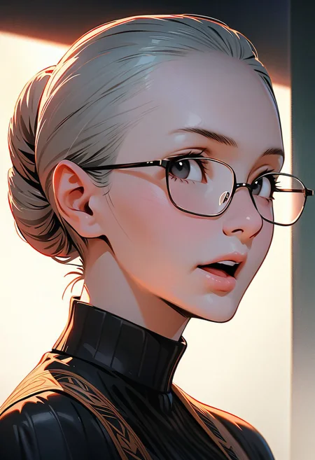 (graphic novel style, dark novel style:1.5),(anime), (masterpiece:1.4), (soft cinematic light:1.1), incredibly lifelike, Extremely high-resolution details, 8k, best quality,extremely detailed, contrast,
high tech design,
 gallery of contemporary art, inside, portrait old woman against the backdrop of a giant floor-to-ceiling window, through which one can see a city landscape with skyscrapers and a sunset , open mouth, one portrait ((elderly)) woman in a ((black long dress)) and black high-heeled shoes, elderly, old woman, [Nordic], Hourglass elongated body, Oval Face, Long neck, Rounded shoulders, long slim thin arms, Attached Pointed ears, round forehead, (gray Updo short combed back hair), snub nose, Arched eyebrows, Monolid black Eyes, High Round Narrow cheekbones, Hollow Cheeks, Rounded Chin, Rounded Jawline, thin Lips, (black eyes), (square glasses), Wrinkles and Fine Lines,