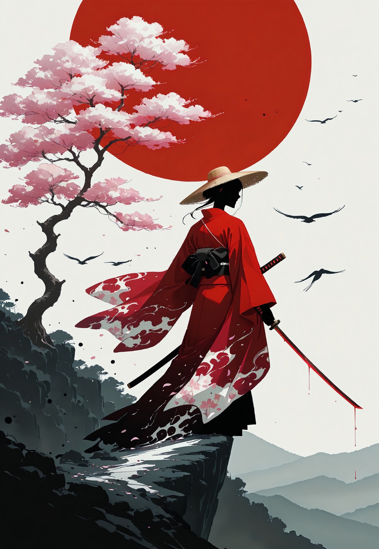 masterpiece,best quality,(minimalism:1.3), (impressionism:1.2), lone samurai, red kimono, katana, dramatic red sun, ink wash style, minimalist composition, Japanese warrior, silhouette, traditional straw hat, windswept landscape, flying birds, cherry blossom tree, bold contrast, black and white with red accents, cinematic, abstract splatter effect, digital painting, warrior's journey, Edo period, bushido, atmospheric art