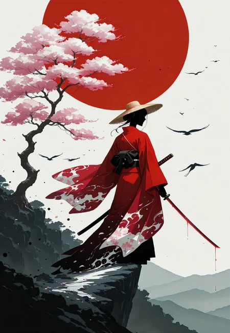 masterpiece,best quality,(minimalism:1.3), (impressionism:1.2), lone samurai, red kimono, katana, dramatic red sun, ink wash style, minimalist composition, Japanese warrior, silhouette, traditional straw hat, windswept landscape, flying birds, cherry blossom tree, bold contrast, black and white with red accents, cinematic, abstract splatter effect, digital painting, warrior's journey, Edo period, bushido, atmospheric art