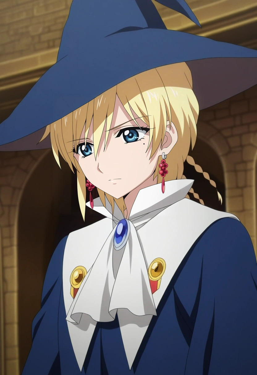 masterpiece, best quality, intricate details, anime screencap, , official style,, 1boy, solo, male focus, <lora:titus_alexius_ilxl:1>, titus_alexius, blonde hair, blue eyes, short hair, braid, mole under eye, earrings, witch hat, , king costume