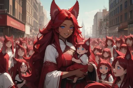 (masterpiece, best quality:1.5), (ultra realistic:1.5), (8k uhd, very high quality:1.5), (extremely detailed face:1.5), (everyone has ruby red wolf ears and ruby red hair:1.5), (dark skin mother holding many infants and surrounded by an endless number of her extremely young children:1.5), (everyone smiling and happy:1.5), (everyone has bright blue eyes:1.5), (everyone has ruby red wolf ears and long ruby red hair:1.5), (the woman is surrounded by endless numbers of her extremely young children that fill the entire background:1.5), (the woman is surrounded by an endless number of her very young children that fill the entire background:1.5), (city background:1.5)