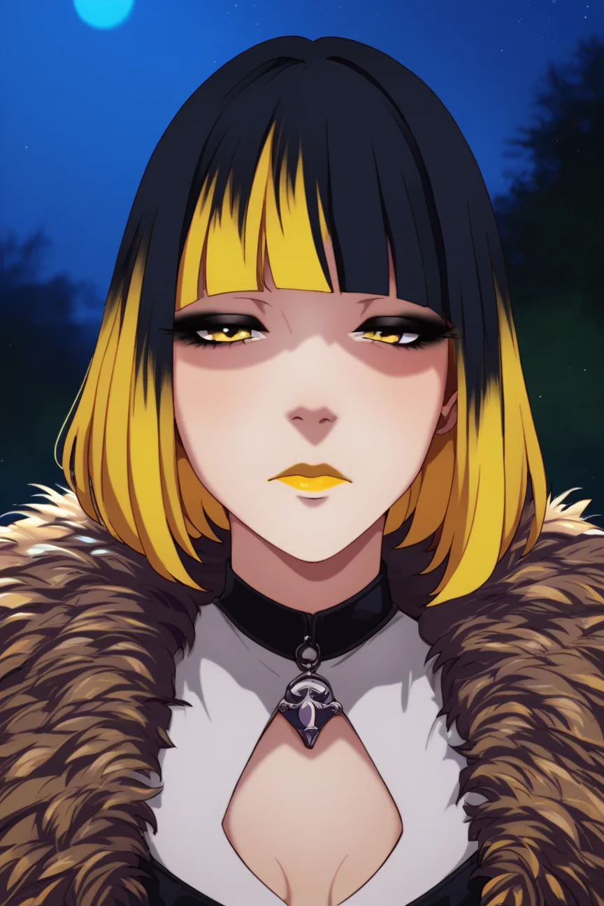 score_9_up, score_8_up, score_7_up, <lora:Prison_School_anime_style_Pony_r2:1>, goth girl, yellow eyes, bob cut hair, (split-color hair:1.5), black hair, yellow hair, very white pale skin, medium breasts, black eyeliner, dark makeup, yellow lipstick, fur coat, dress, chest cutout, looking at viewer, closed mouth, cheeks down, half closed eyes, ((0_0)), tired,(meme, mem face), face focus, close up, portrait, outdoors, night, best quality, high quality