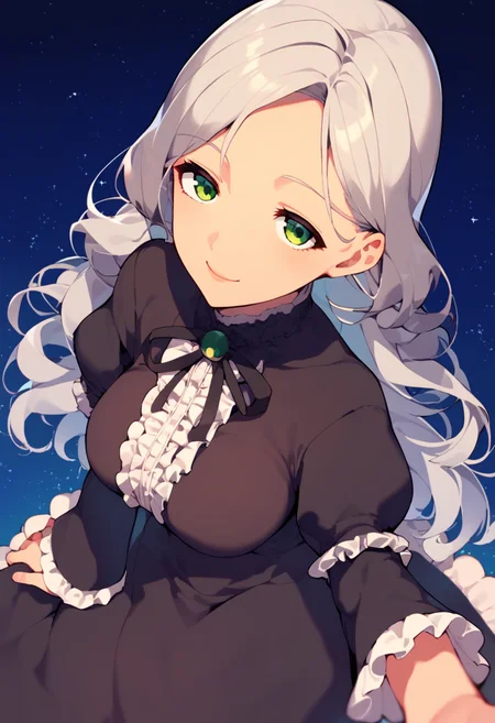 score_9, score_8_up, source_anime,
1girl, mature female, anime coloring,
long hair, silver hair, green eyes, medium breasts, black dress, frills, seductive smile, polka dot,
night sky, starry sky, from above,
