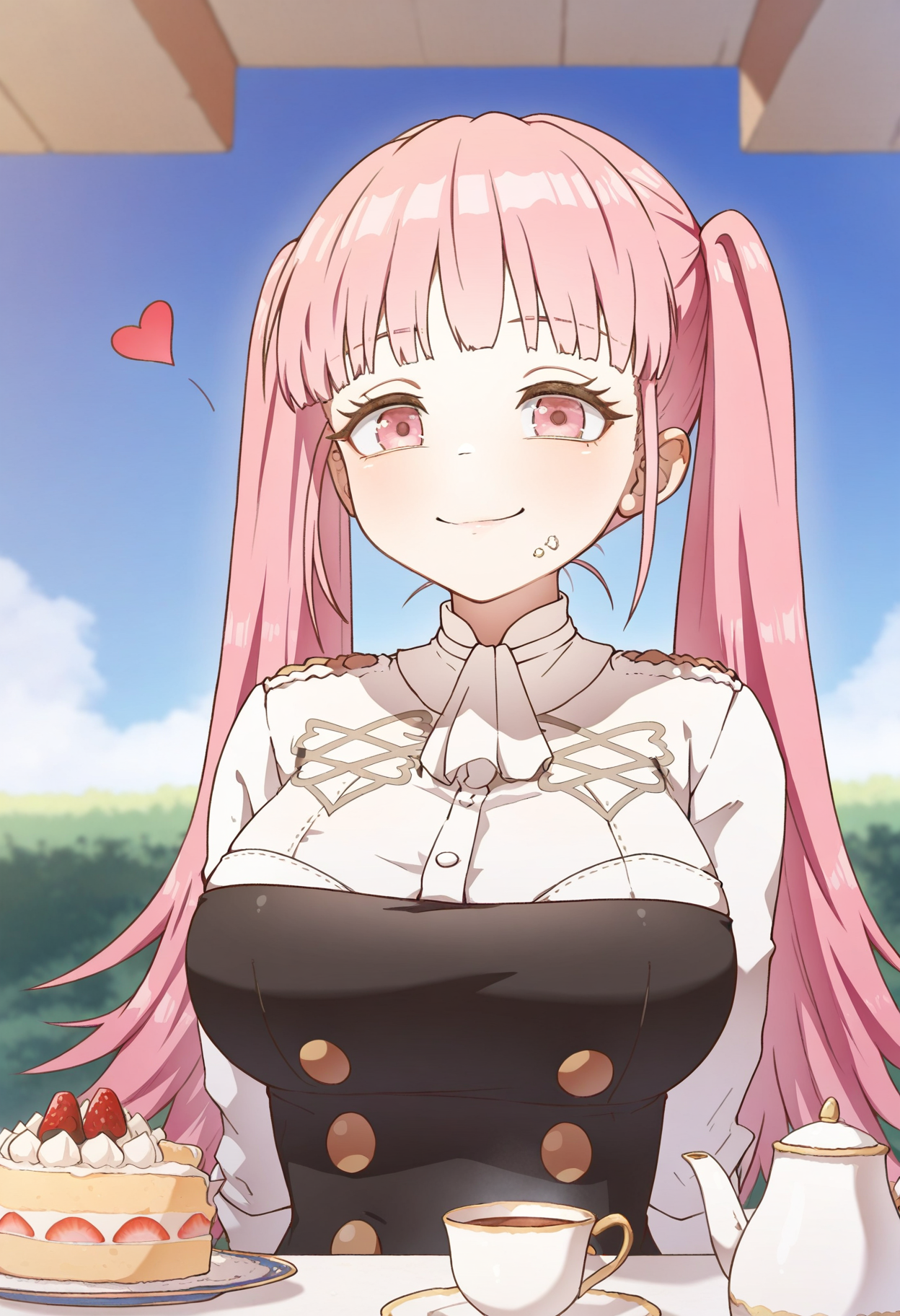 masterpiece,best quality,amazing quality,
1girl, hilda valentine goneril, pink hair, twintails, pink eyes, long hair, solo, garreg mach monastery uniform, teacup, food, breasts, smile, cup, uniform, large breasts, looking at viewer, cake, bangs, closed mouth, heart, teapot, upper body, sky,
 <lora:MountainHan:1>