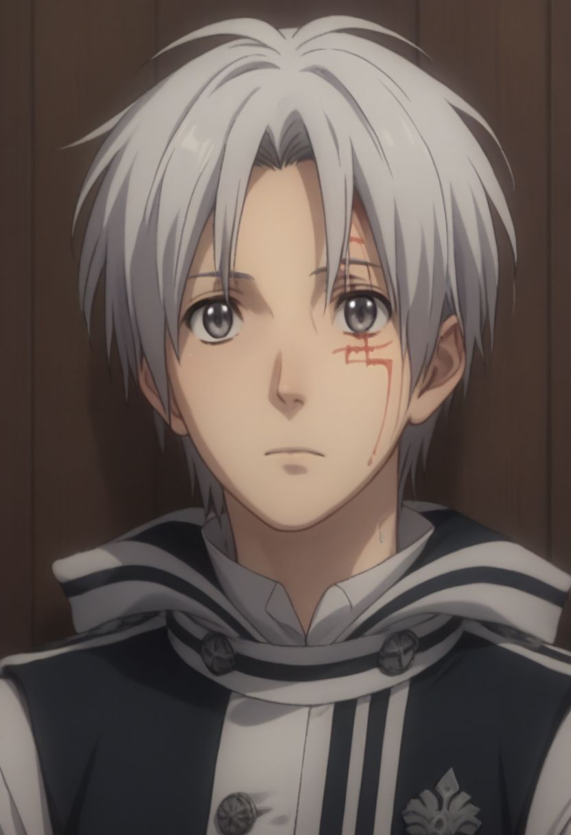 score_9, score_8_up, score_7_up, source_anime, highly detailed, 1boy, solo, male_focus, slender, skinny, cute,
allen_walker, solo, 1boy, male focus, closed mouth, blood, scar, grey eyes, white hair, grey hair