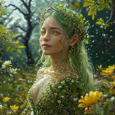 epiCRealism, (masterpiece, extremely detailed, highest quality), the queen of the forest is the most beautiful creature in the woods, cute, sensual, petite with an hourglass figure, wears a see through dress made of tiny interwoven leaves and a crown of flowers, carefree, smiling and happy with beautiful and expressive yellow eyes, open eyes, walking across her glade among flower beds and old oaks and willows, her hair floats behind her catching the wind, her long and green hair is full of small leaves and berries, it is springtime and a storm has just finished leaving trillions of drops, (the air is full of birds, bees, insects and a myriad of small seeds), sunlight, the Sun shines glorious among the heavy stormy clouds sending its rays down to the glade like columns of light