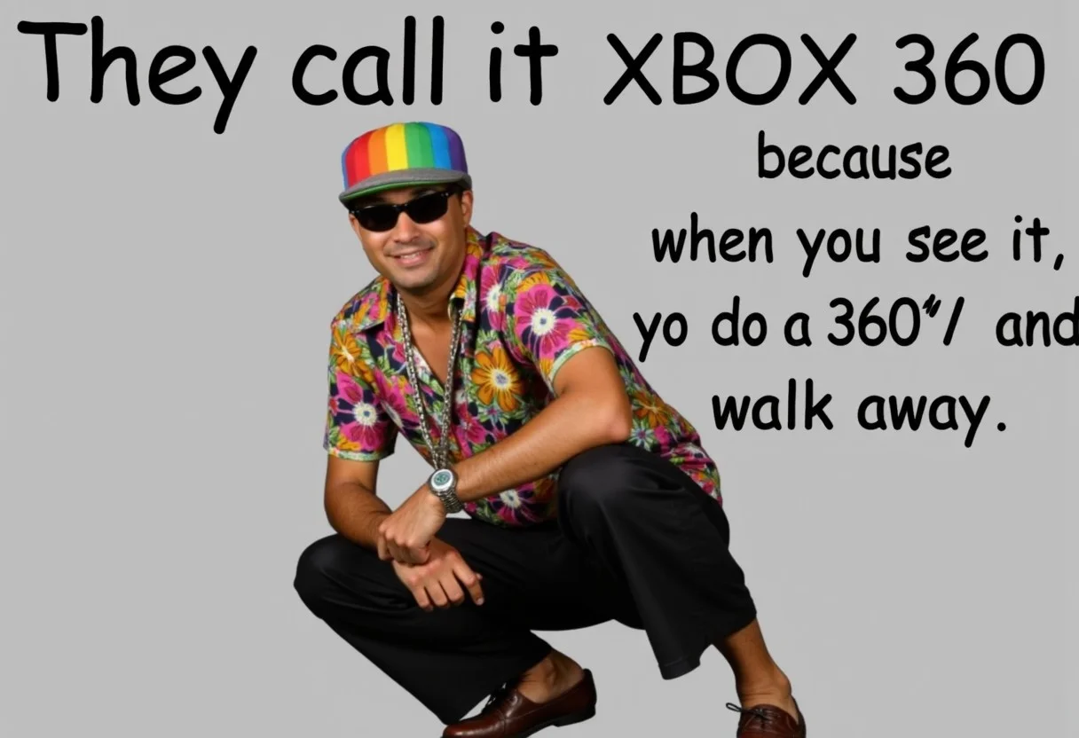 Photo depicting an adult man, wearing a colorful Hawaiian shirt, with black long shorts, a rainbow cap, shades, and a silver chain, squatting, with a microphone in his hand, the top text reads 
"They call it XBOX 360",  and the bottom text says "because when you see it, you do a 360 and walk away" all written in a playful, rounded font, the text is slightly curved