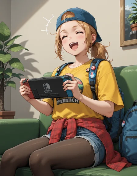 <lora:holly-forrester-illustrious-000013:0.7> holfor, backwards cap, t-shirt, yellow shirt, backpack, button badge, clothes around waist, denim shorts, pantyhose
1girl, solo, sitting, playing games, nintendo switch, excited, closed eyes, open mouth, couch, potted plant
best quality, great quality