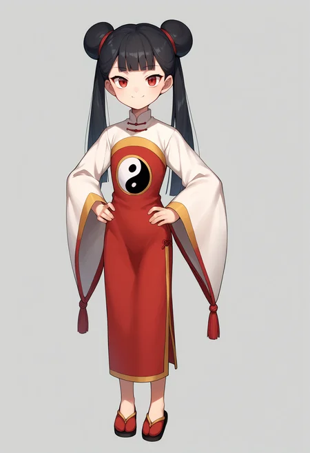 score_9, score_8_up, score_7_up, score_6_up, score_5_up, score_4_up, BREAK, source_anime,
1girl, meilingli, black hair, blunt bangs, double bun, twintails, red eyes,
chinese clothes, wide sleeves, yin yang,
hands on hips, smile,full body, solo, looking at viewer, simple background <lora:MeilingLiXL:1>
