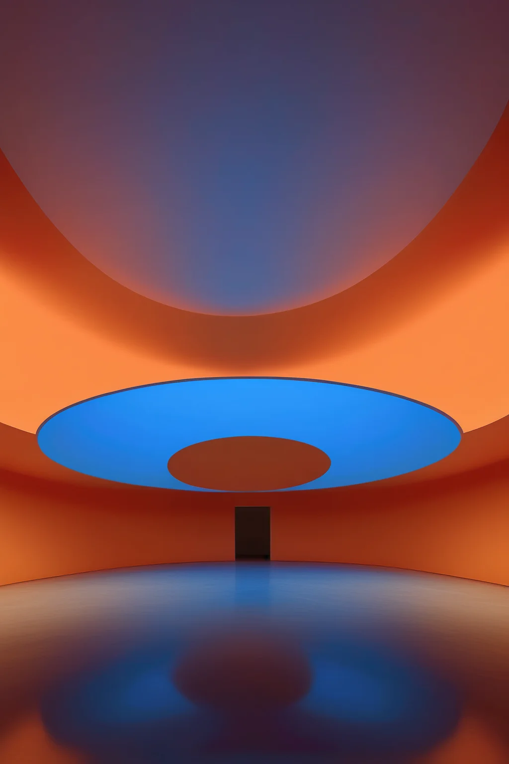 <lora:James Turrell Style:1>James Turrell Style - Create a realistic photograph that embodies the style of James Turrell's immersive oval light installations, infused with the colors orange, blue, and tan. The logo should capture the sense of visual disorientation and a loss of spatial orientation through the use of color and shape, while also conveying a sense of artistic identity and individuality.