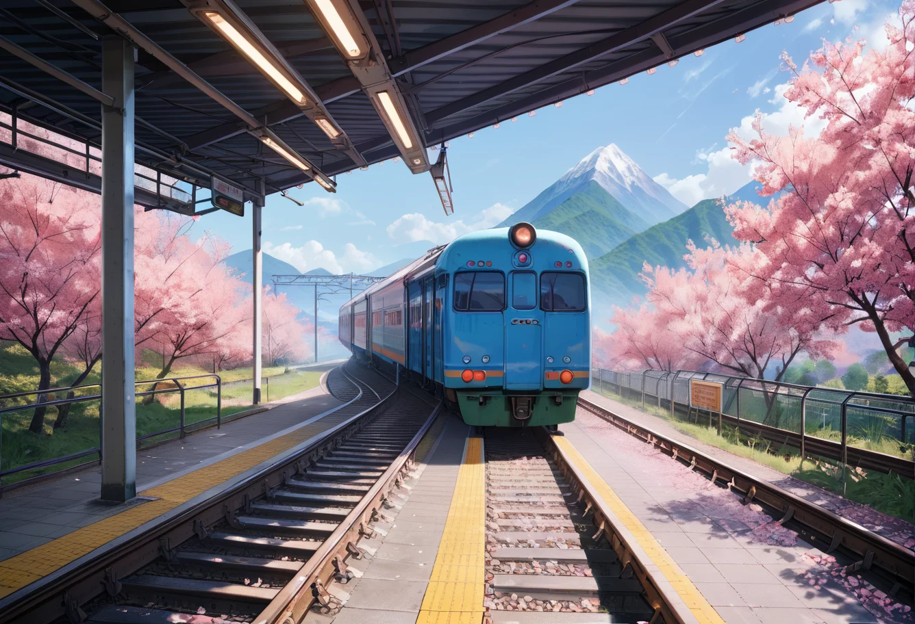 ,ruanyi0802,train station,cherry blossoms,blue sky,mountain,<lora:802 Sakura Train Station_v1_pony:1>, score_9,score_8_up,score_7_up,,8k,1girl,solo,,