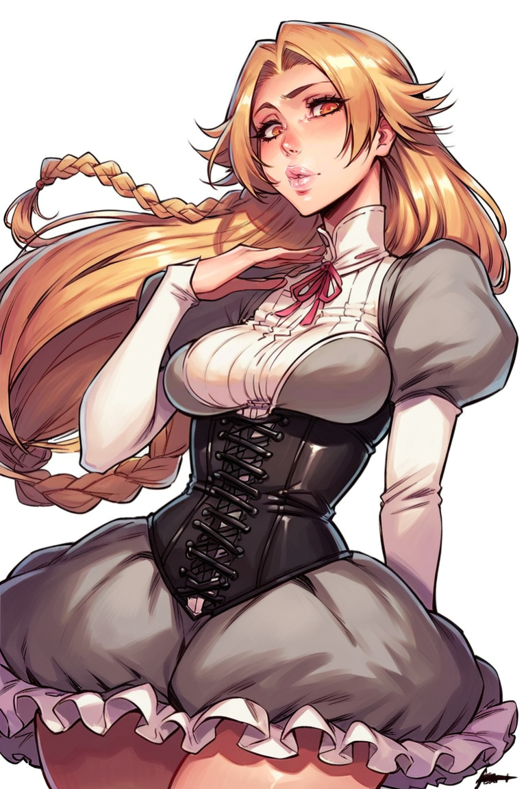 <lora:Omardogan1976:1>, score_9, score_8_up, score_7_up, score_6_up, score_5_up, rating_questionable, source cartoon
1girl, pretty face, pretty eyes, detailed eyes, HD eyes, eyebrows, lips, parted lips, pink lips, supple lips
standing, cowboy shot wide hips, athletic, thick thighs, medium breasts, perfect breasts, round breasts, round hips
pale skin, platinum blonde hair, bleach blonde hair, blonde hair, long hair, very long hair, braid, shiny hair, orange eyes
victorian dress, frilled dress, puffy sleeves, grey dress, black corset
simple background, white background