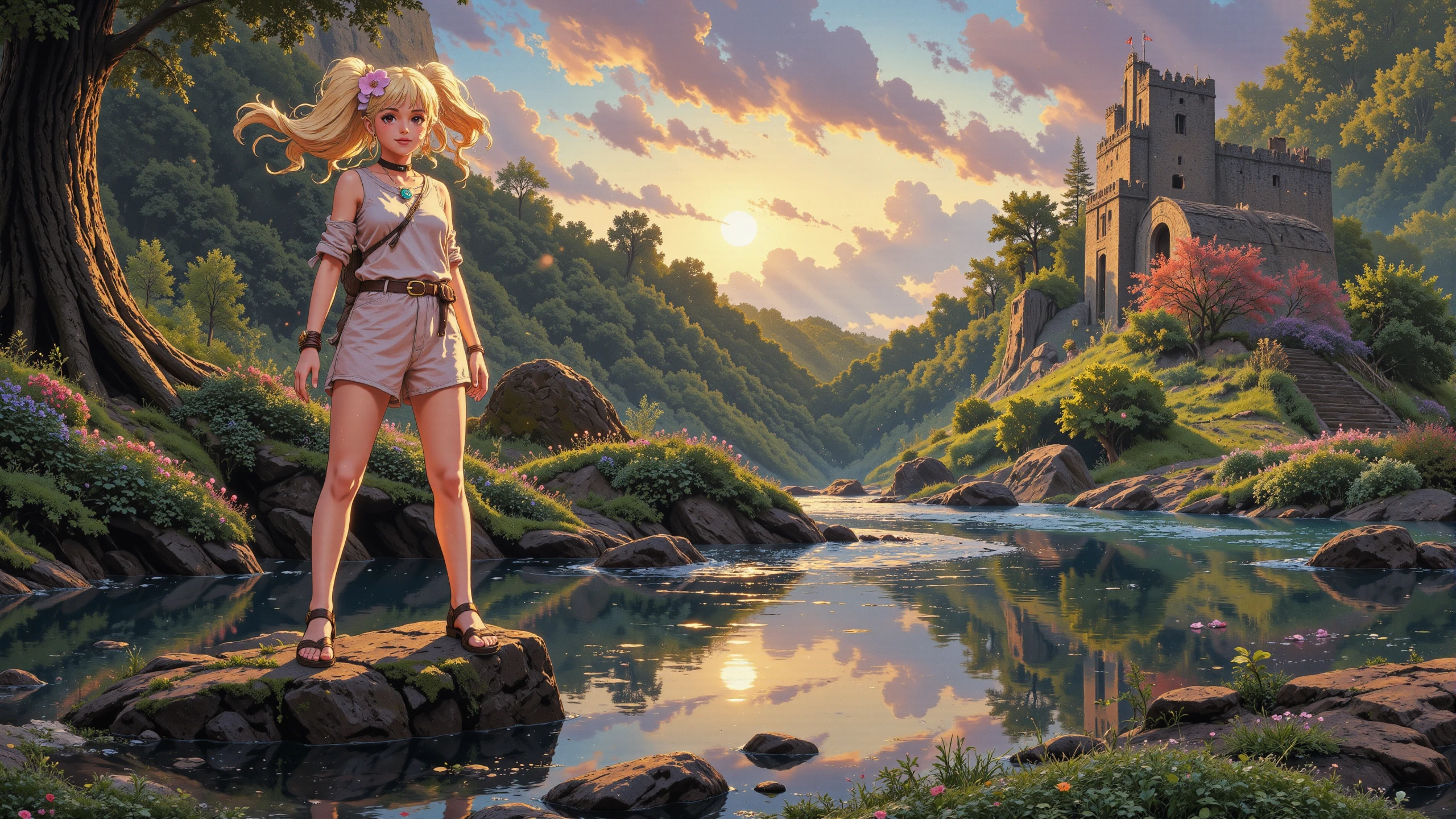 twin drills platinum blonde hair young woman, druid, anime, illustration, extremely detailed, portrait, standing, happy smile, flower in hair, glossy lipstick, celtic necklace, tulip earrings, loincloth, sandals,  Light Zerg Purple druid short dress, legs, sharp focus, fantasy, celtic landscape, small rock, moss, ripples, reflections, celtic  castle, small river pond, druid forest, druid village, stunning nature environment, enchanted land, clovers, Bright Amaranth flowers, best quality, colorful, wet floor, bright sunny sky, sunset, raytracing, hdr, high contrast, ethereal natural lights, backlight, lens flare, shadows, vibrant colors, colorful, pretty, beautiful, happy, smiling, feminine, sexy, lovely, in love, adorable, fashion,  <lora:Hand v2:1> <lora:Anti-Blur:1><lora:Insane Detail Slider:0.5>  <lora:flux.1_lora_flyway_Epic-detail_v2:0.3><lora:fluxenhancer:0.5> <lora:RetroAnimeFluxV1:0.4> <lora:Luminous_Shadowscape:0.4> <lora:SujatmikoArafuru_Flux:0.2> Suzume style