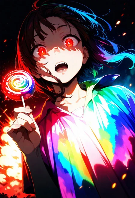 masterpiece, best quality, amazing quality, very aesthetic, absurdres, newest, 1girl,  Megumi, brown hair, Megumin's untidy hairstyle, red glowing eyes, hawaiian shirt, teeth, lips, thin lips, narrow mouth, solo, looking at viewer, open mouth, holding lollipop, chupa chups, upper body, backlighting, from above, dutch angle, , masterpiece, best quality, amazing quality, very aesthetic, absurdres, newest, soft light, explosion of colors, masterpiece, best quality, colorful, bright, multicolored, bright colors of paint, masterpiece, best quality, amazing quality, very aesthetic, absurdres, lots of multicolored rainbow light, focus on the face, lots of soft light, soft colors, lots of colorful particles