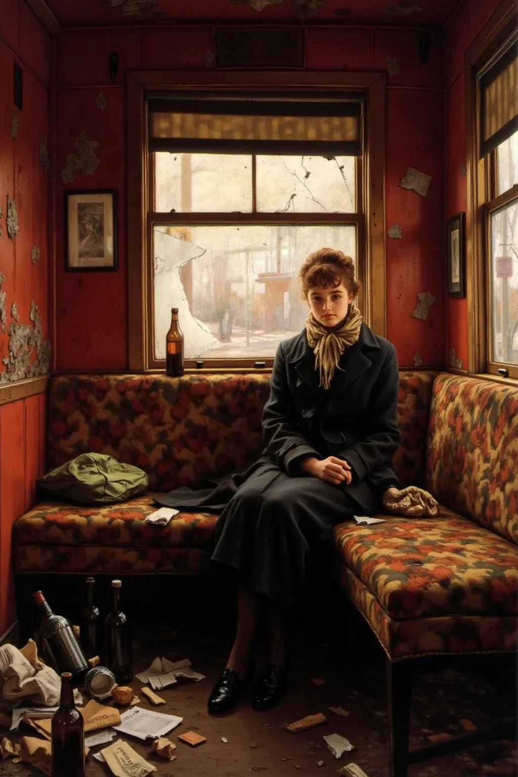 jati1 painting
lautrec1 painting of
a girl sitting in a dilapidated Victorian era train car. The train's red interior is faded and worn, with patches of rust staining the walls and ceiling. Garbage, broken bottles, and scraps of paper litter the floor, adding to the sense of decay. The girl sits on a torn, upholstered bench, her posture thoughtful and melancholic, with light streaming through a cracked window to illuminate her figure. Her attire blends vintage elegance with subtle modern touches, featuring a tailored coat and a scarf that catches the soft rays of light. Leyendecker's signature use of bold, confident brushstrokes and interplay of light and shadow bring depth to the scene, emphasizing the textures of the rust, the glossy shards of glass, and the folds of the girl's clothing. The mood is one of poignant beauty, juxtaposing the ruinous surroundings with the girl's quiet grace.
<lora:jati1_cap_d6a3:1.0><lora:817331593812120571:0>